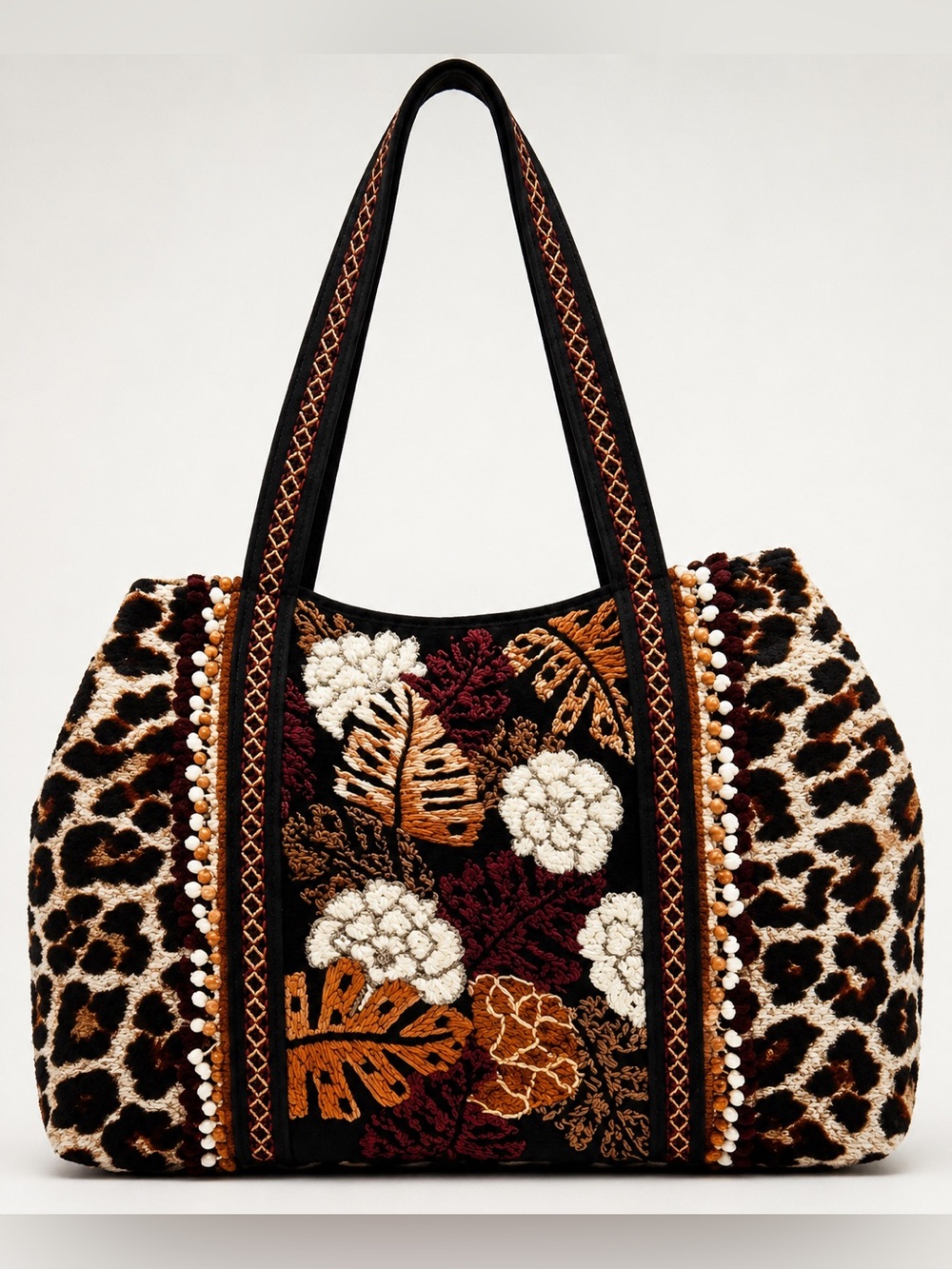 Autumn Floral Beaded Animal Print Tote